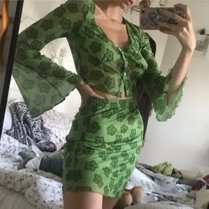 SHEIN Green Floral Mesh Overlay 2 Piece Skirt Set - Size S